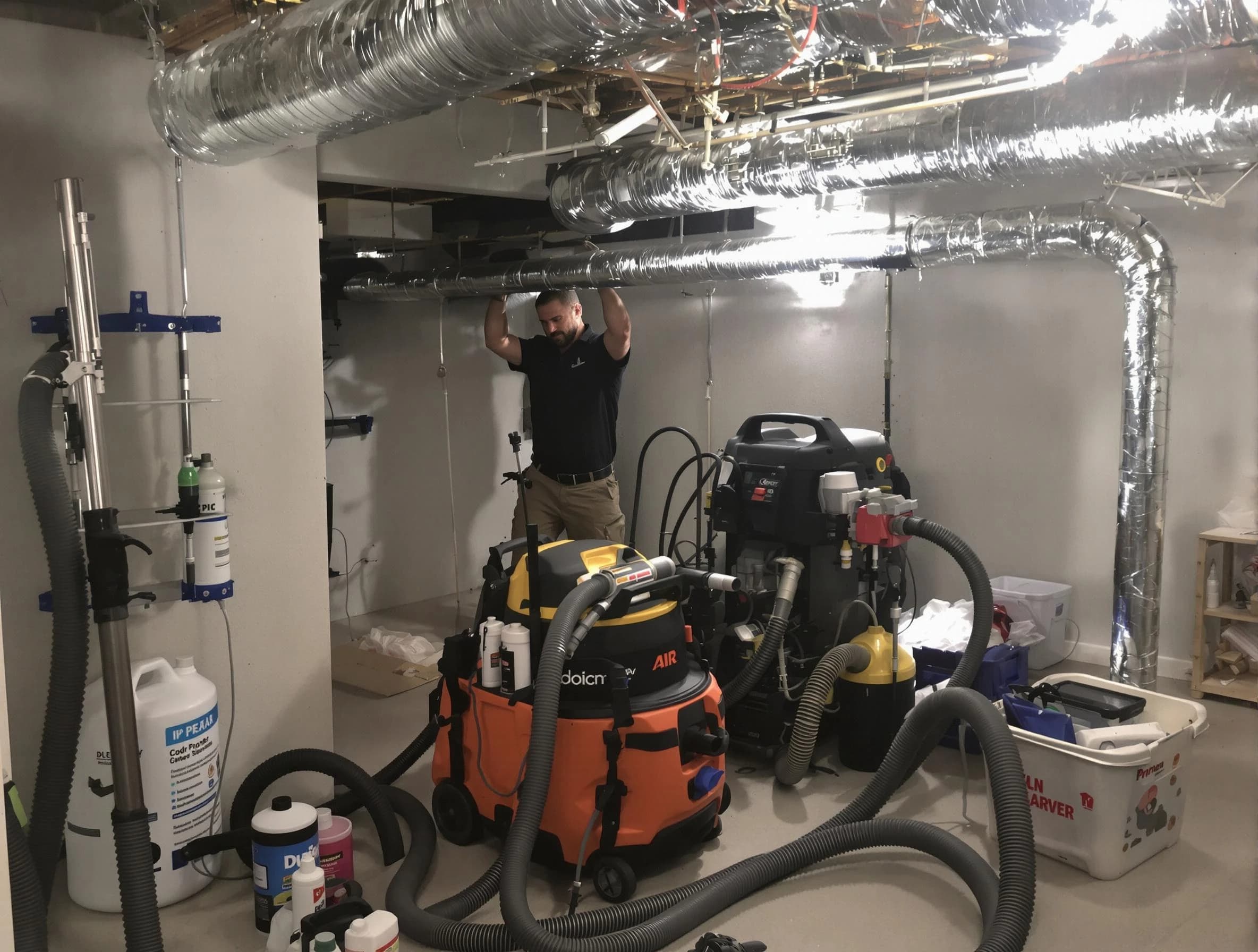 Magna Air Duct Cleaning specialist performing professional mold removal from air ducts using safety equipment in Magna