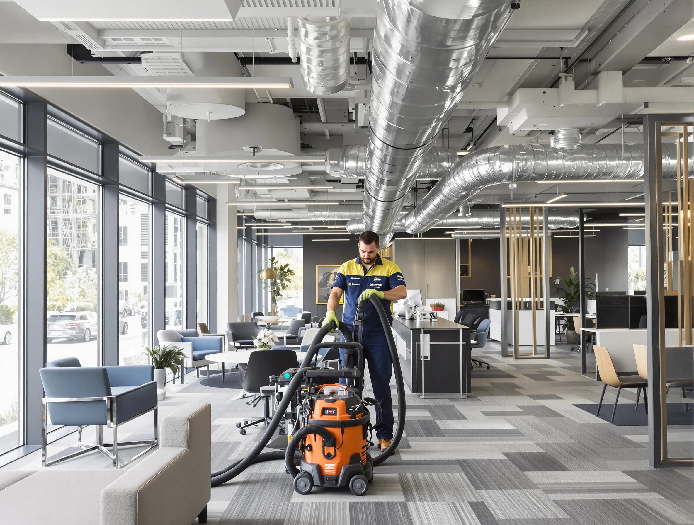 Magna Air Duct Cleaning team performing thorough commercial duct cleaning at a Magna business center