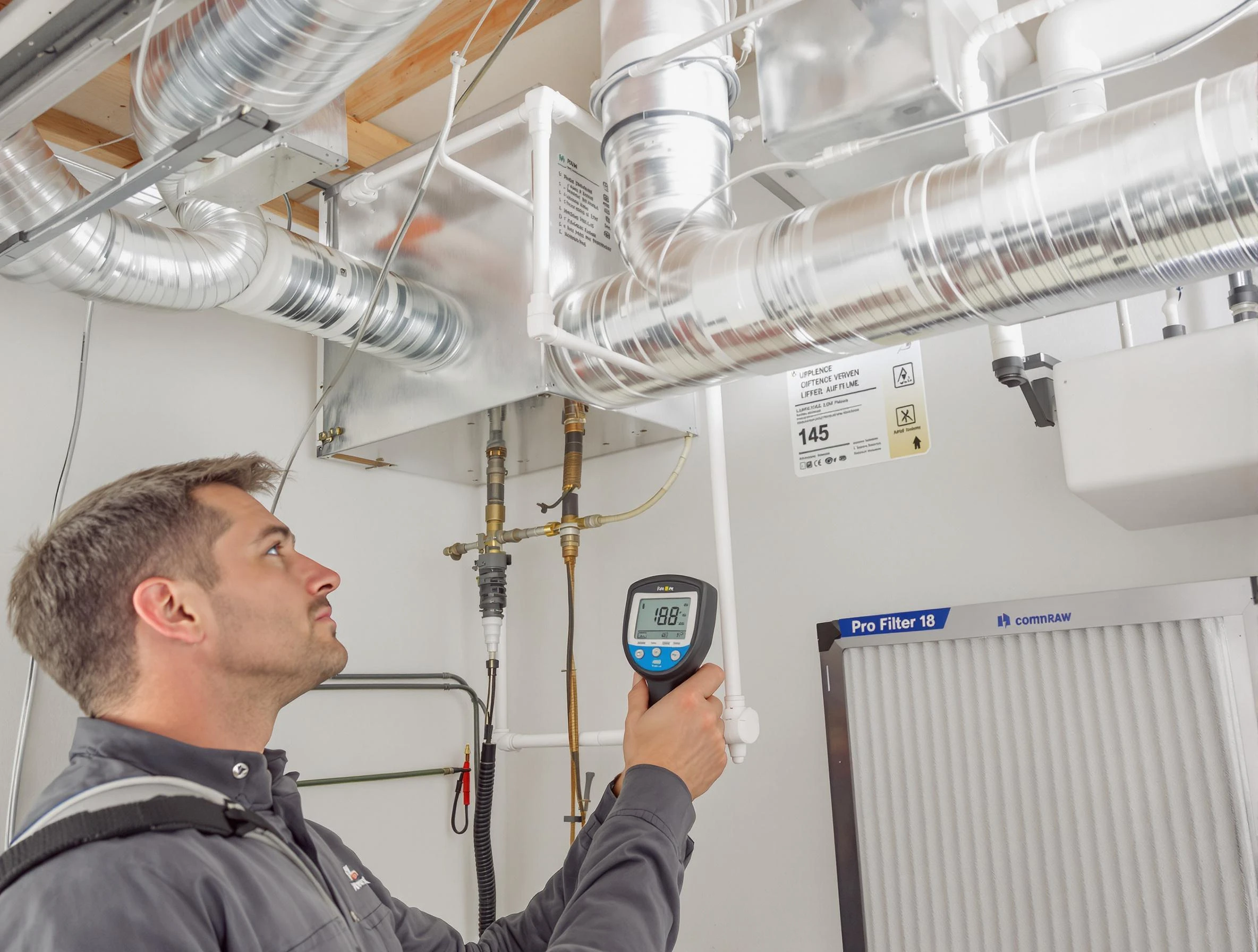 Magna Air Duct Cleaning expert conducting detailed filter system inspection using diagnostic tools in Magna
