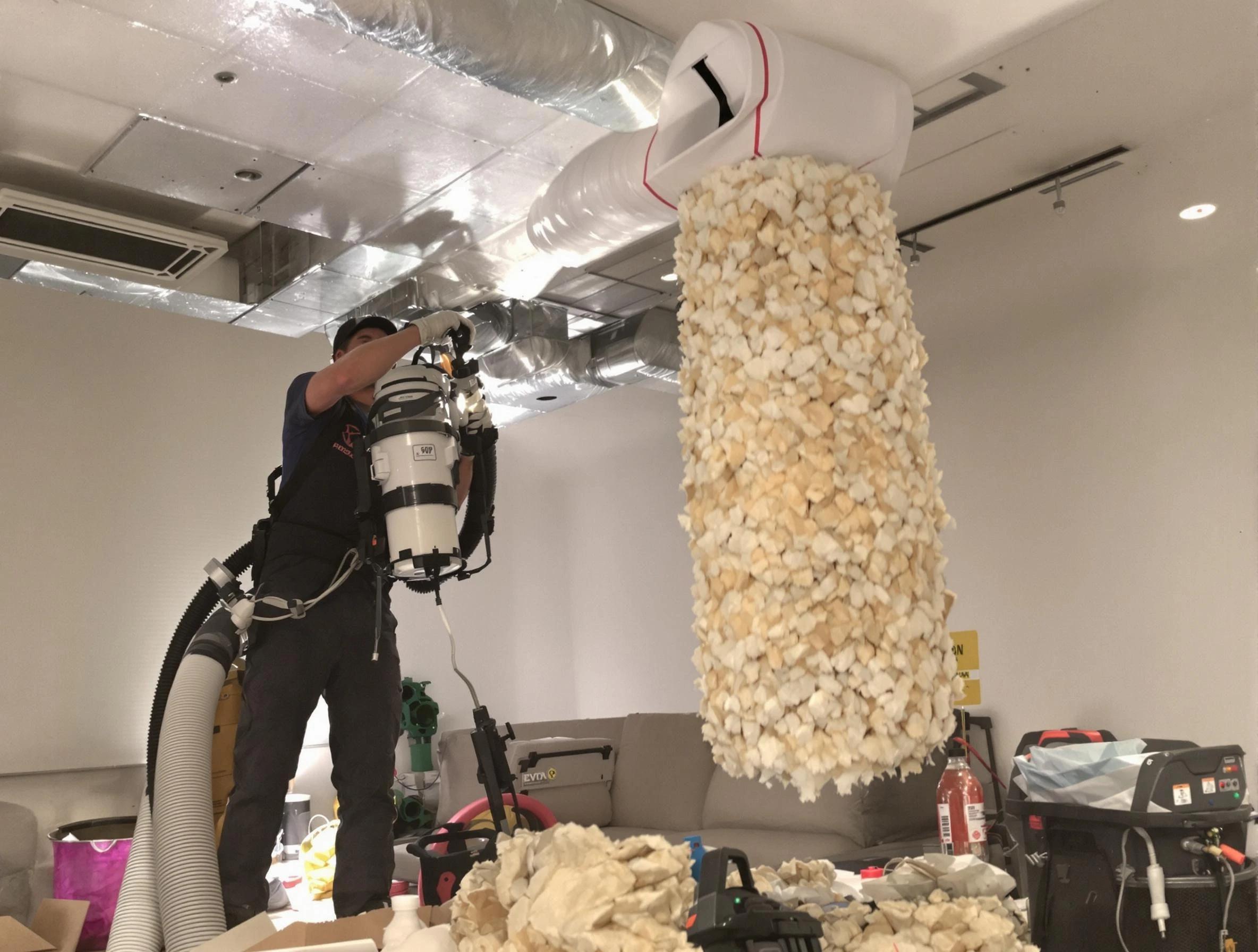 Magna Air Duct Cleaning technician performing precision vacuum insulation removal in a residential property in Magna